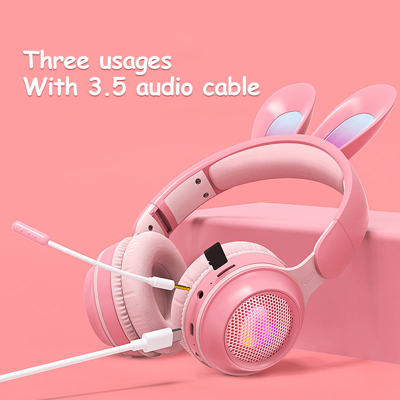 Cute Rabbit Ears Wireless Noise Reduction Foldable Bluetooth Headphones for Girls