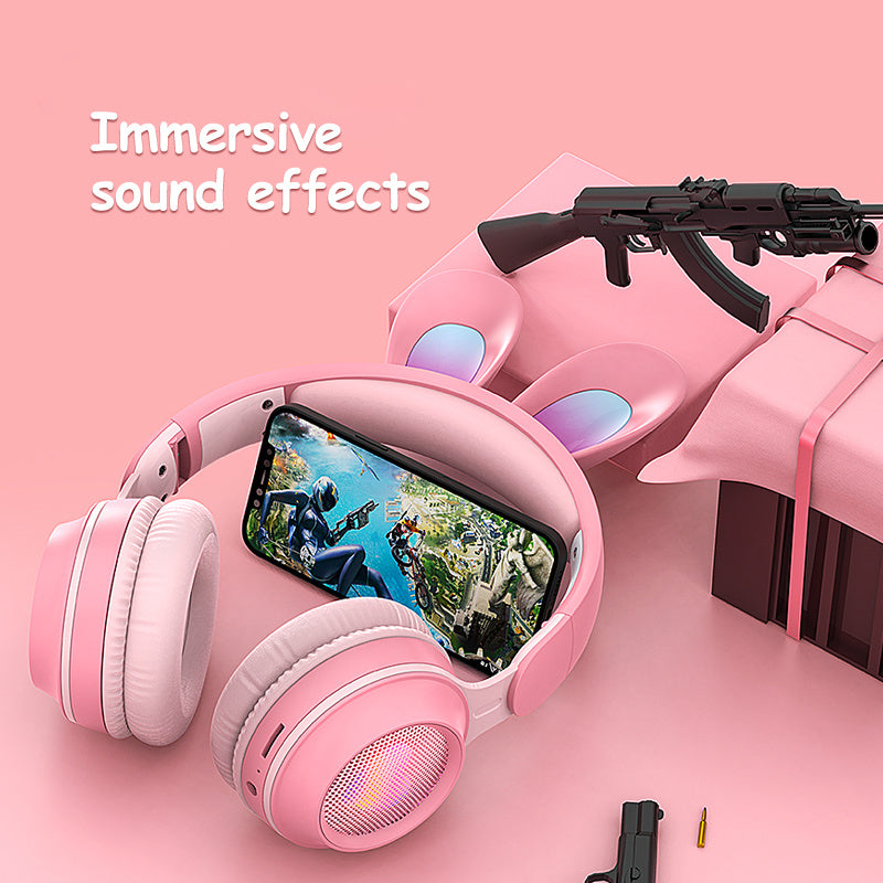 Cute Rabbit Ears Wireless Noise Reduction Foldable Bluetooth Headphones for Girls